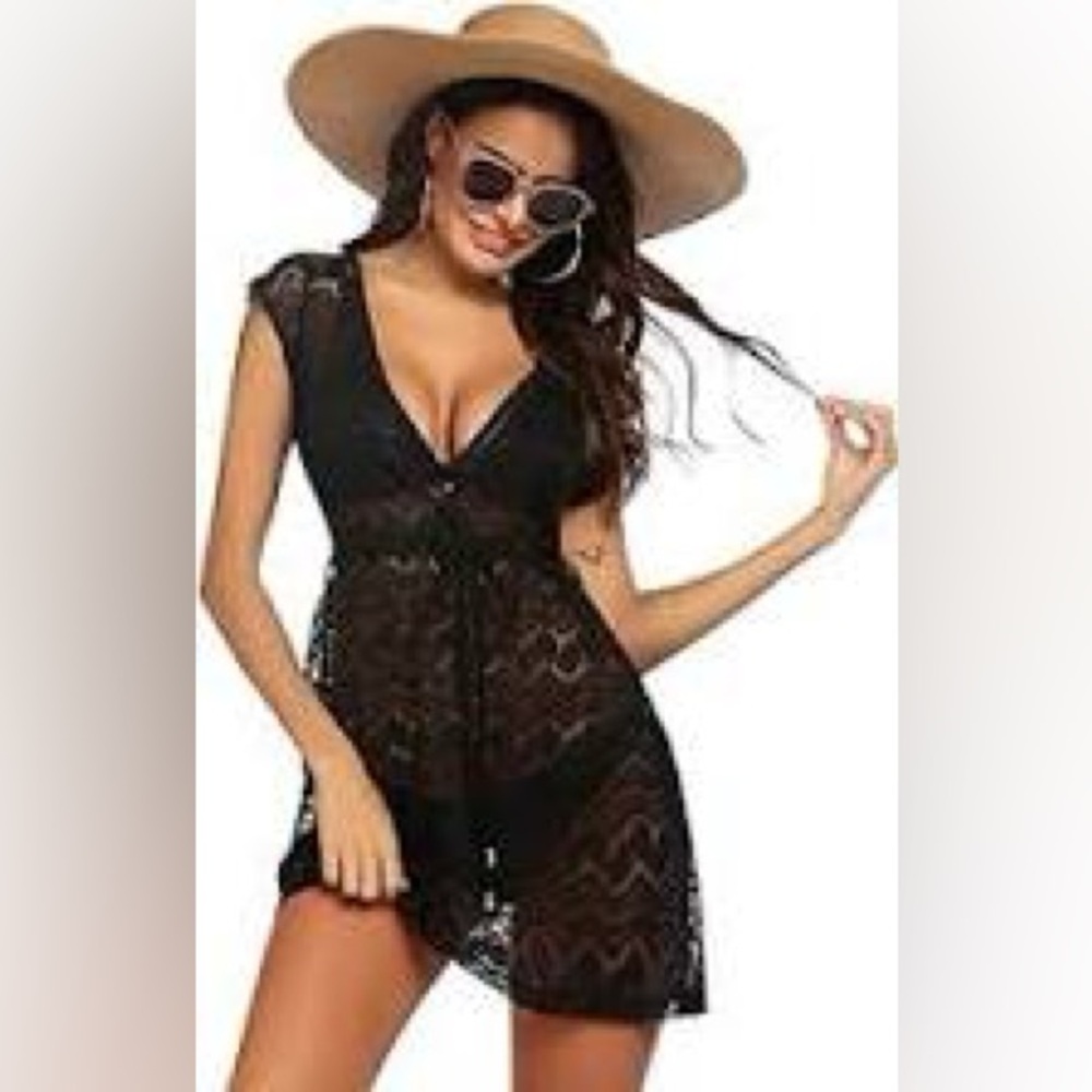 Hotouch black sheer prints swimsuit dress cover up size S